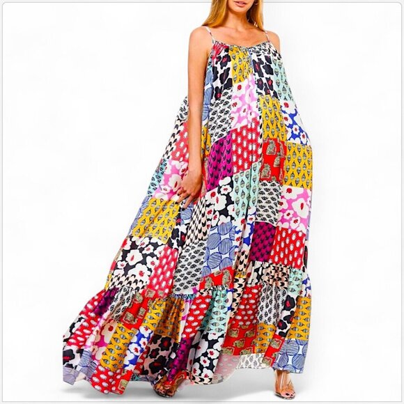 TOV Los Angeles Rideau A-Line Flowy Maxi Patchwork Multi Print Dress NWT NEW 38 - Picture 1 of 8